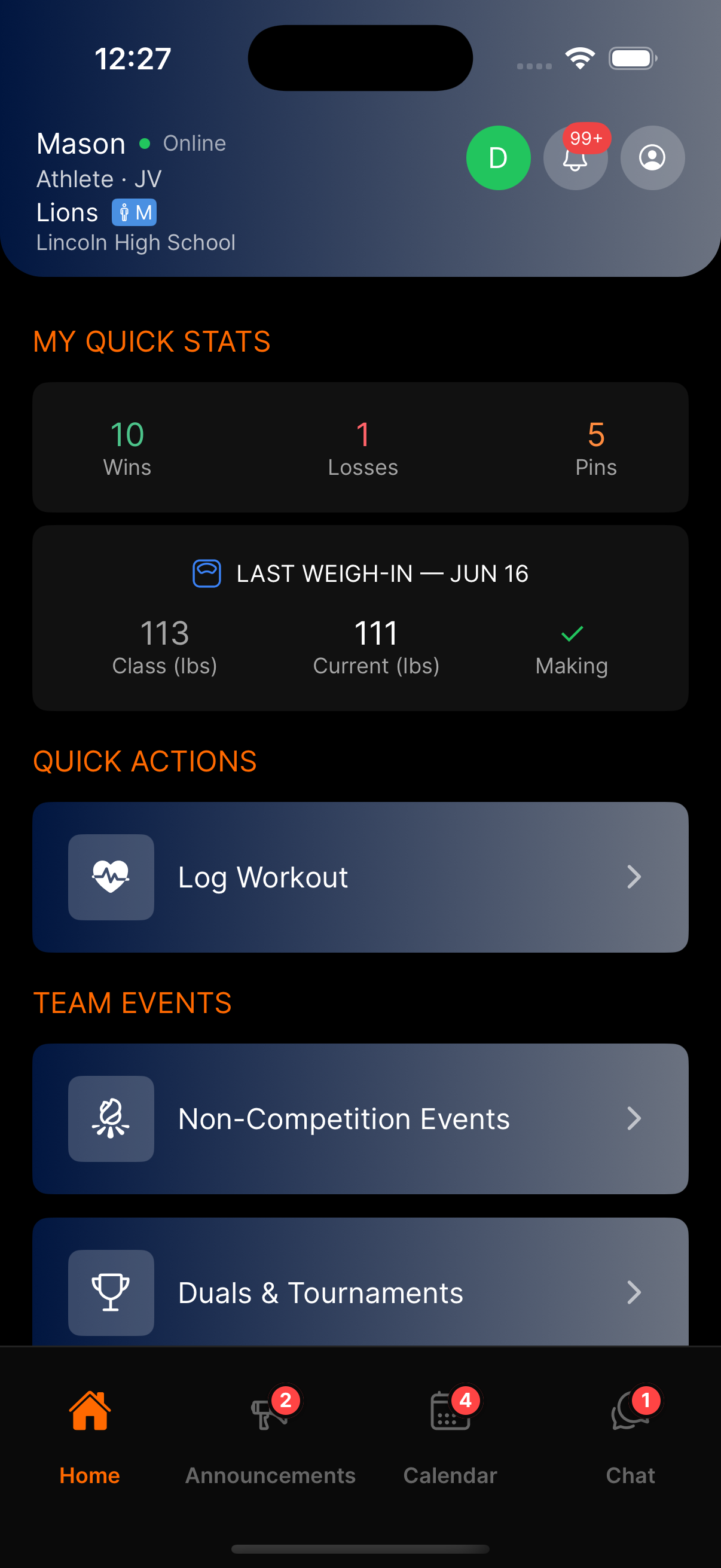 WrestlingT athlete view, events, stats, match history, and workouts