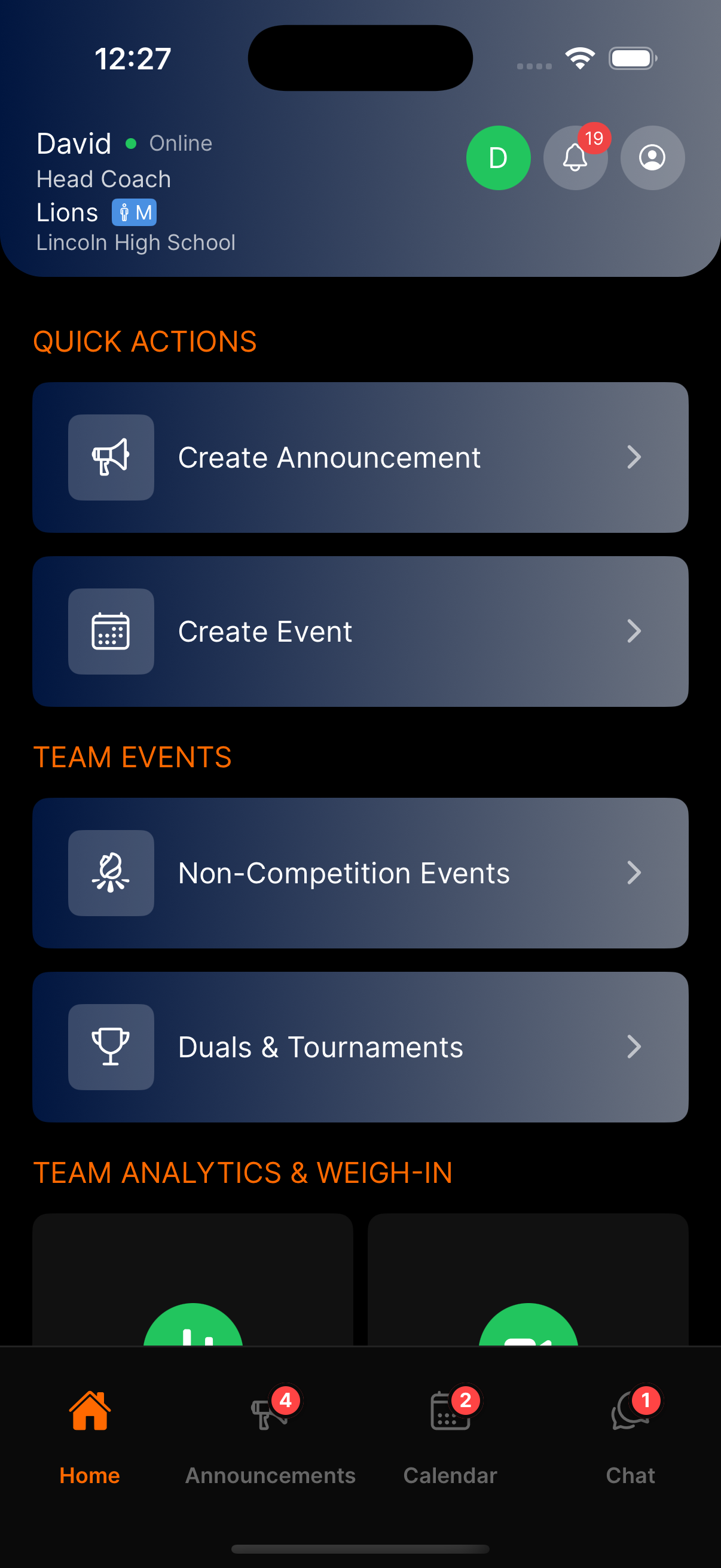 WrestlingT coach view, lineups, live scoring, and analytics