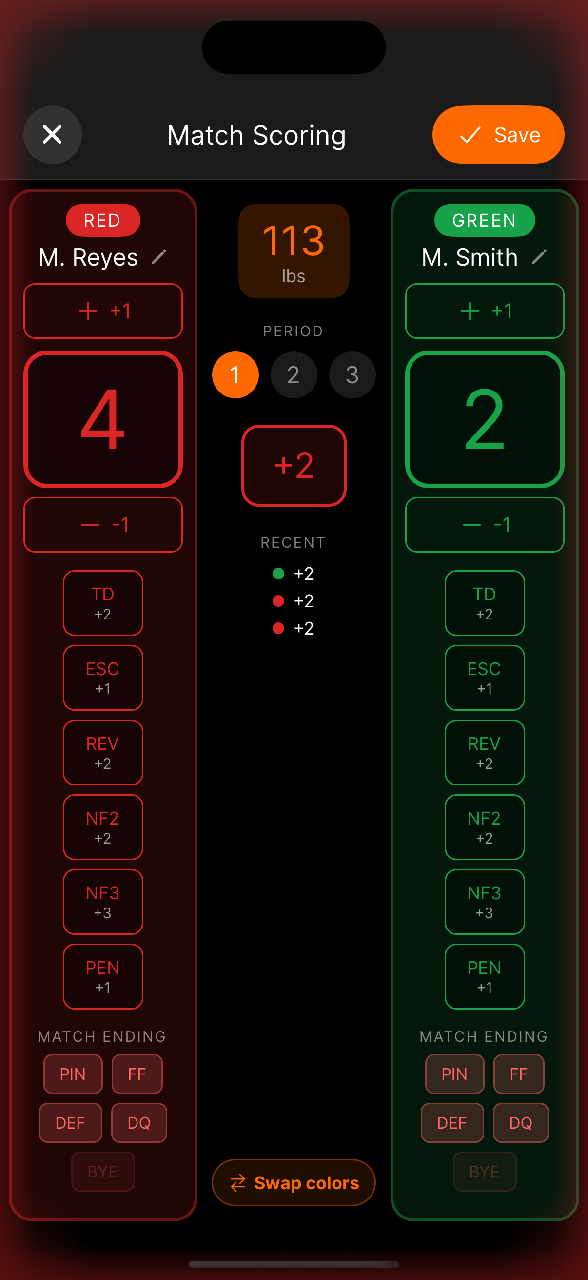 WrestlingT live match tracking, running team score and current match
