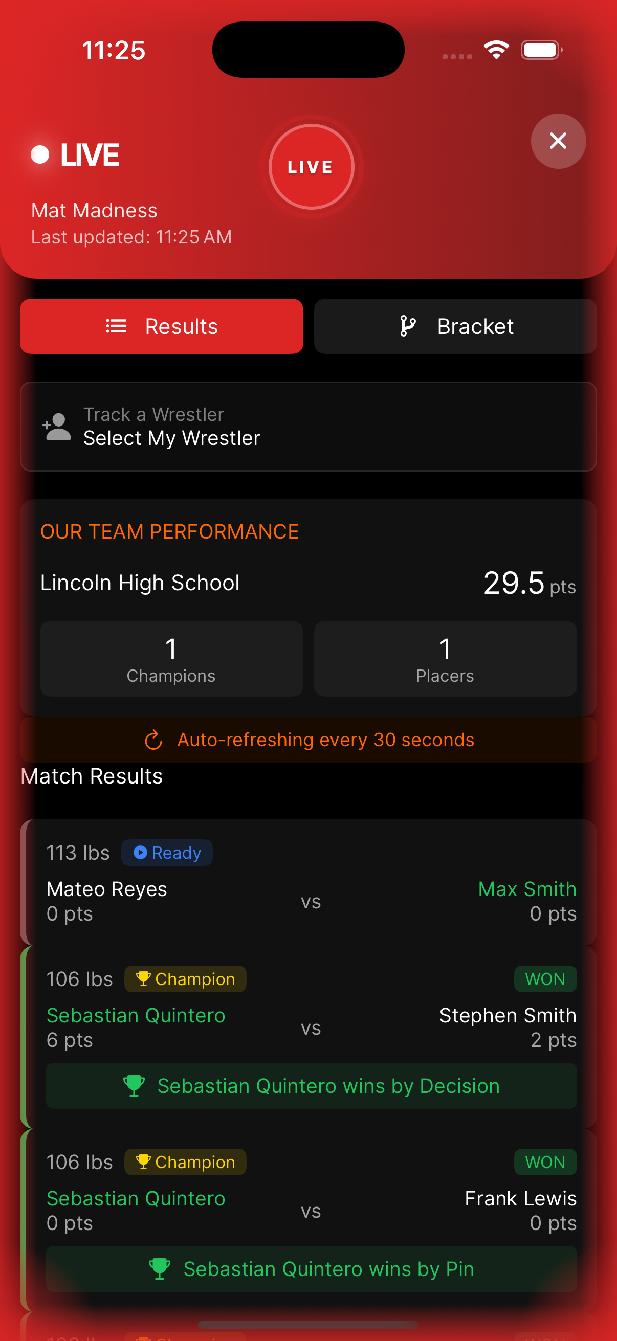 WrestlingT live match tracking, tournament standings and bracket view