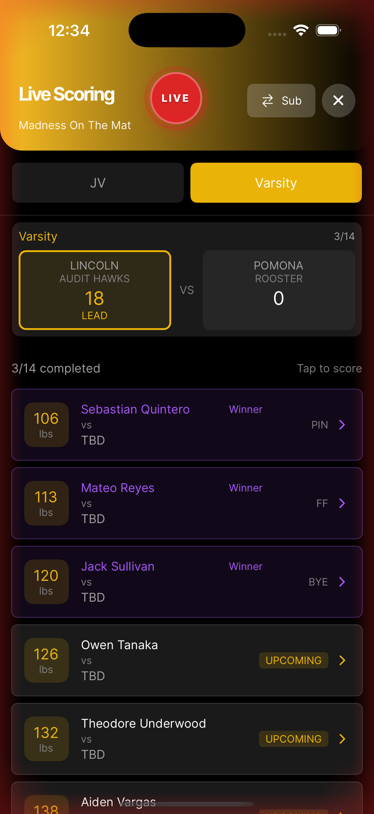 WrestlingT offline mode, score matches with no signal, syncs on reconnect