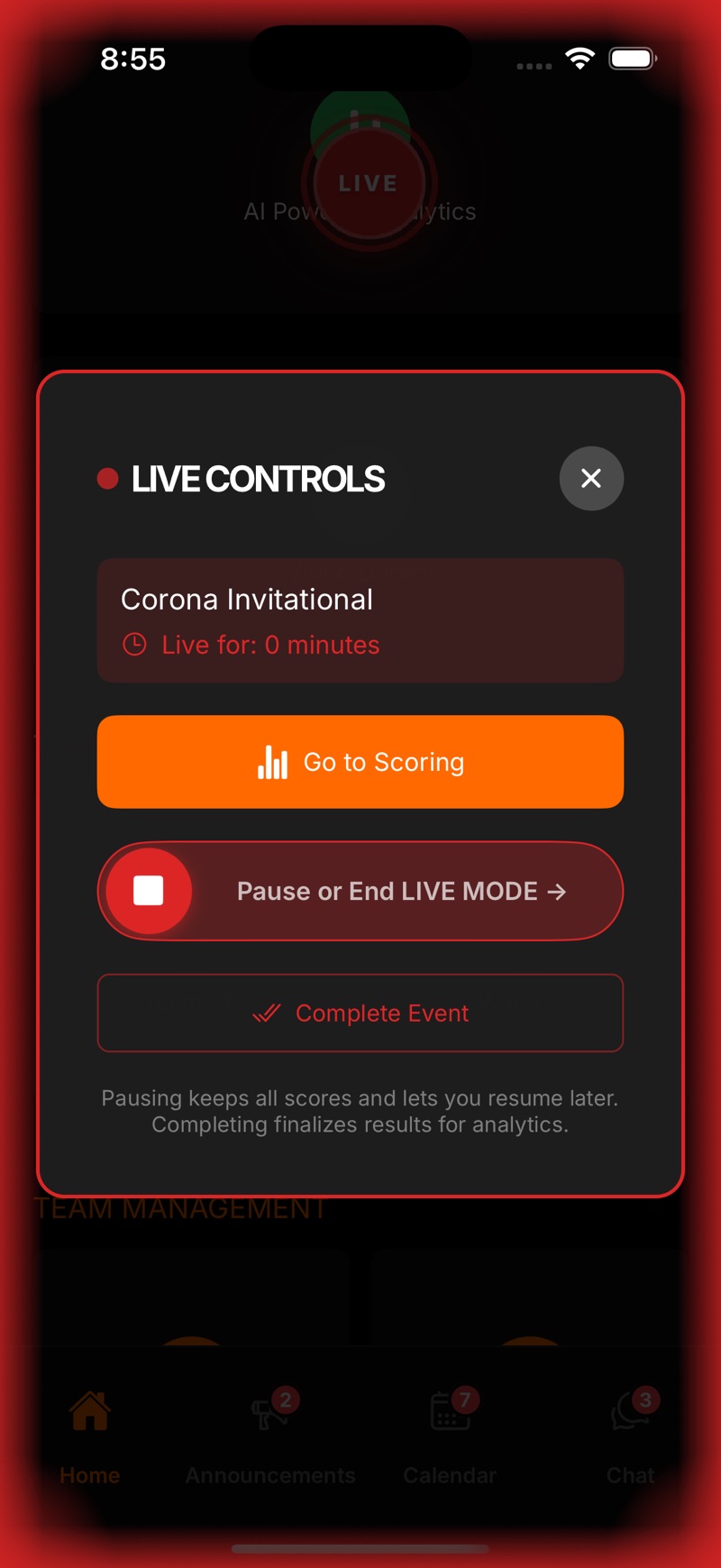 WrestlingT live controls, go to scoring, pause or end live mode, complete the event