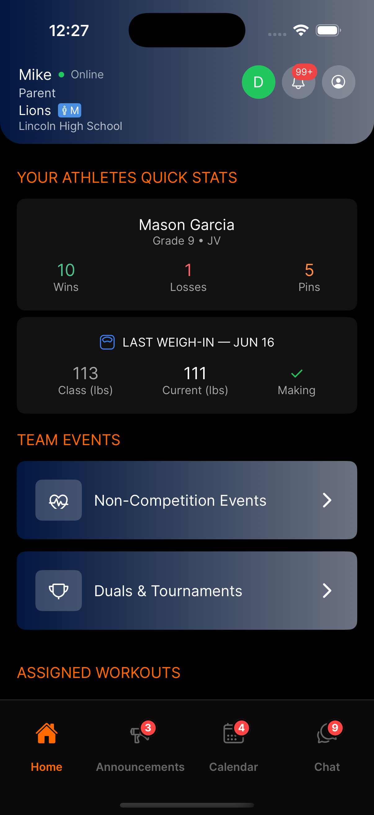 WrestlingT parent view, team events, communications, and athlete performance