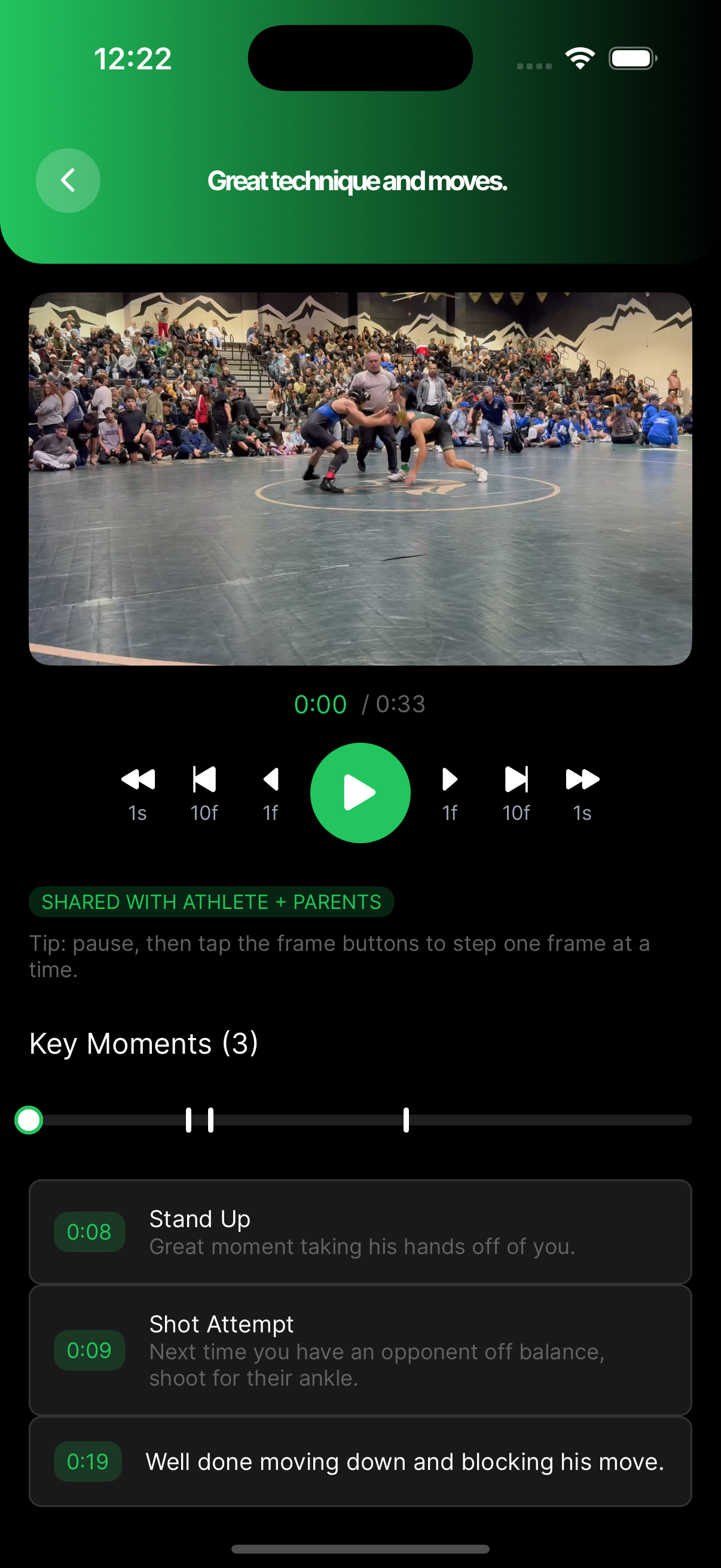 WrestlingT video analysis, frame-by-frame tagging and annotation